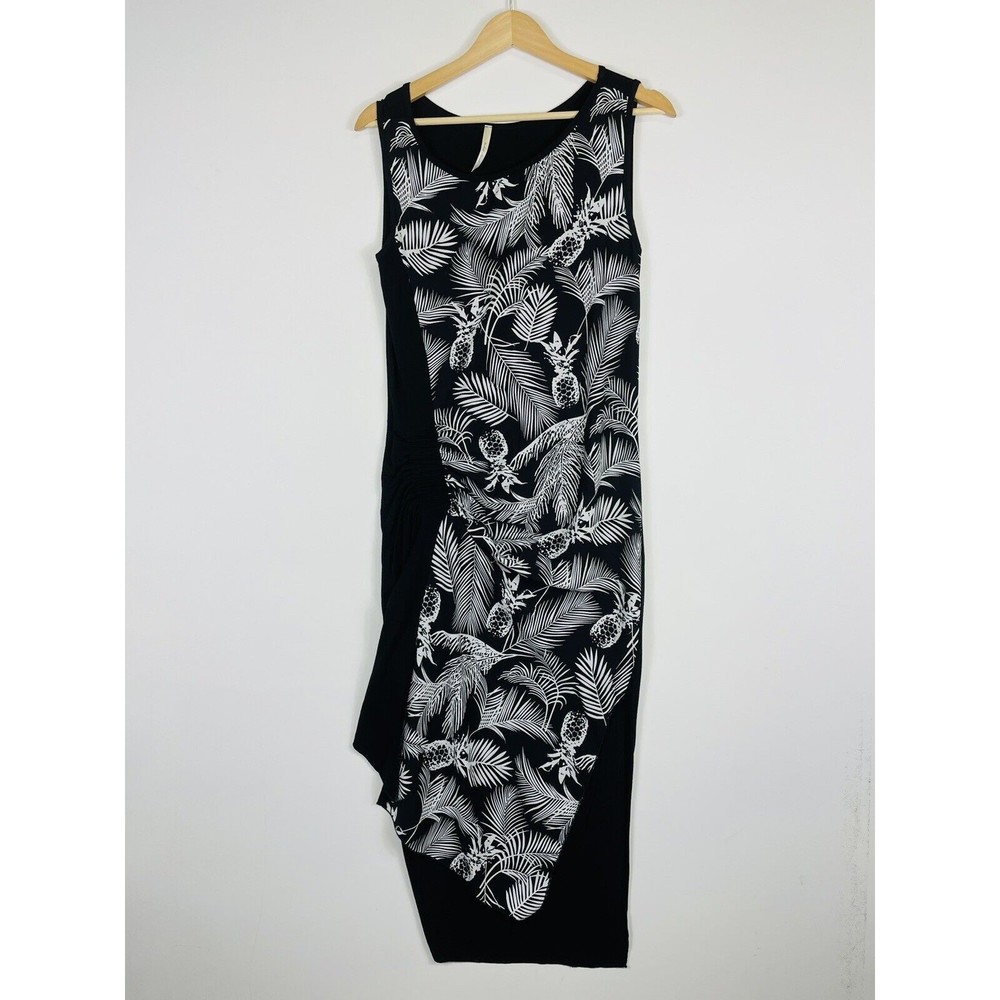Michael Farrell  Dress Womens Small Black White Tropical Sleeveless Asymmetrical